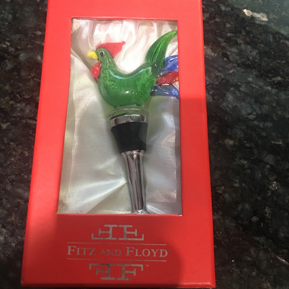 New in box Fitz & Floyd Blown Glass Rooster Wine Bottle Stopper